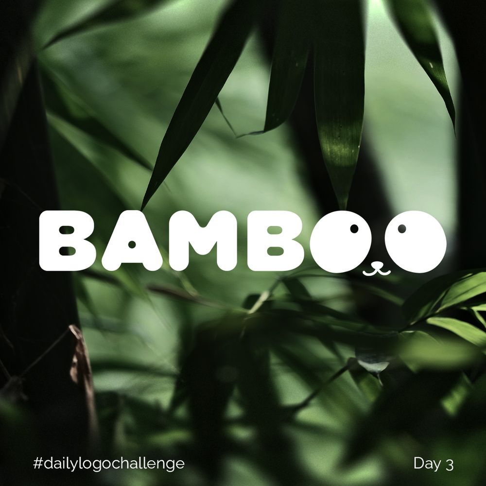 The image depicts a logo that says "Bamboo", both letters O have been intervened to look like panda eyes, in between them there's a small nose and mouth to create the illusion of a face.
In the bottom left corner of the image it reads "#dailylogochallenge" and in the bottom right it reads "Day 3".
The background is an image of greenery.