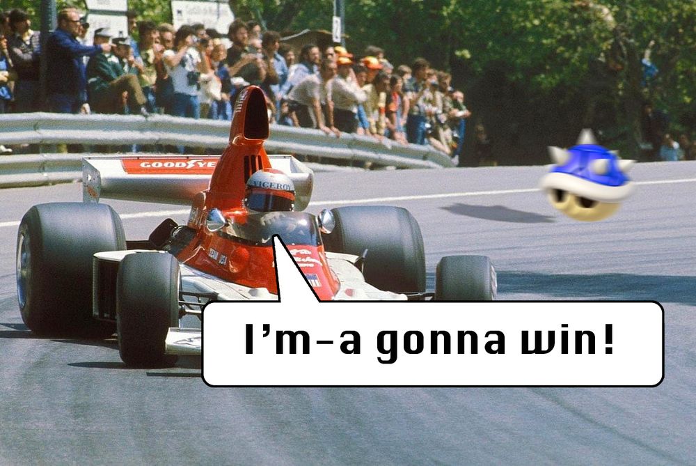 F1 car being chased by a blue shell with a speech bubble that says "I'm-a gonna win!"