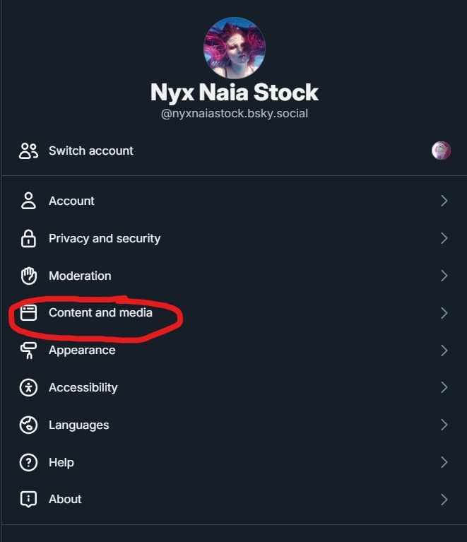 A screenshot showing the settings panel of Bluesky. The "Content and Media" tab is circled in red