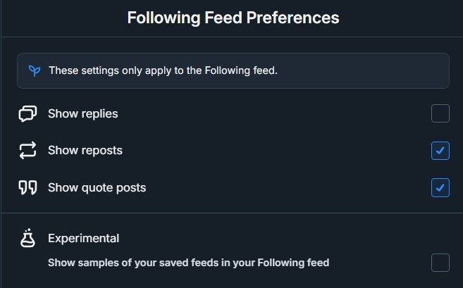 A screenshot showing the following feed preferences panel of Bluesky's settings. Show reposts and show quote posts are both checked