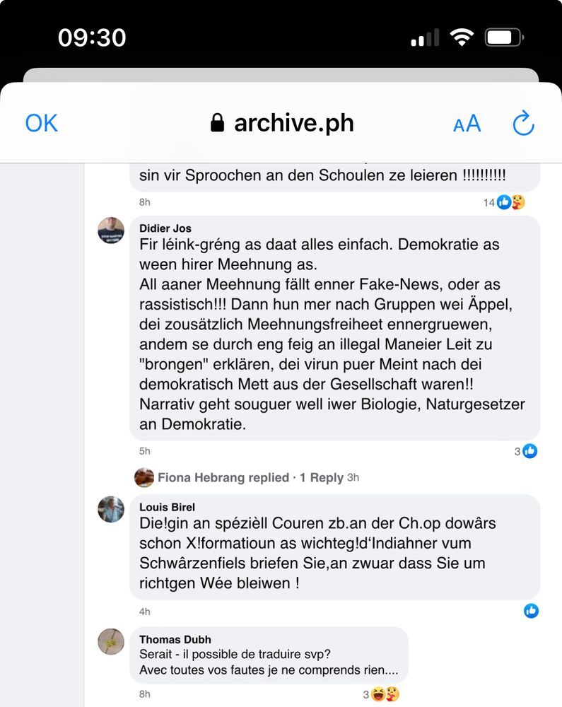 Déi beschten Äntwert op den « Lëtzeboiesch First! » Kauderwelsch huet den Thomas Dubh : « Serait-il possible de traduire svp? Avec toutes vos fautes je ne comprends rien … » 😂