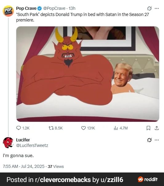 Tweet showing Trump In Bed with Satan, Satan replies to tweet saying he wants to sue. 
