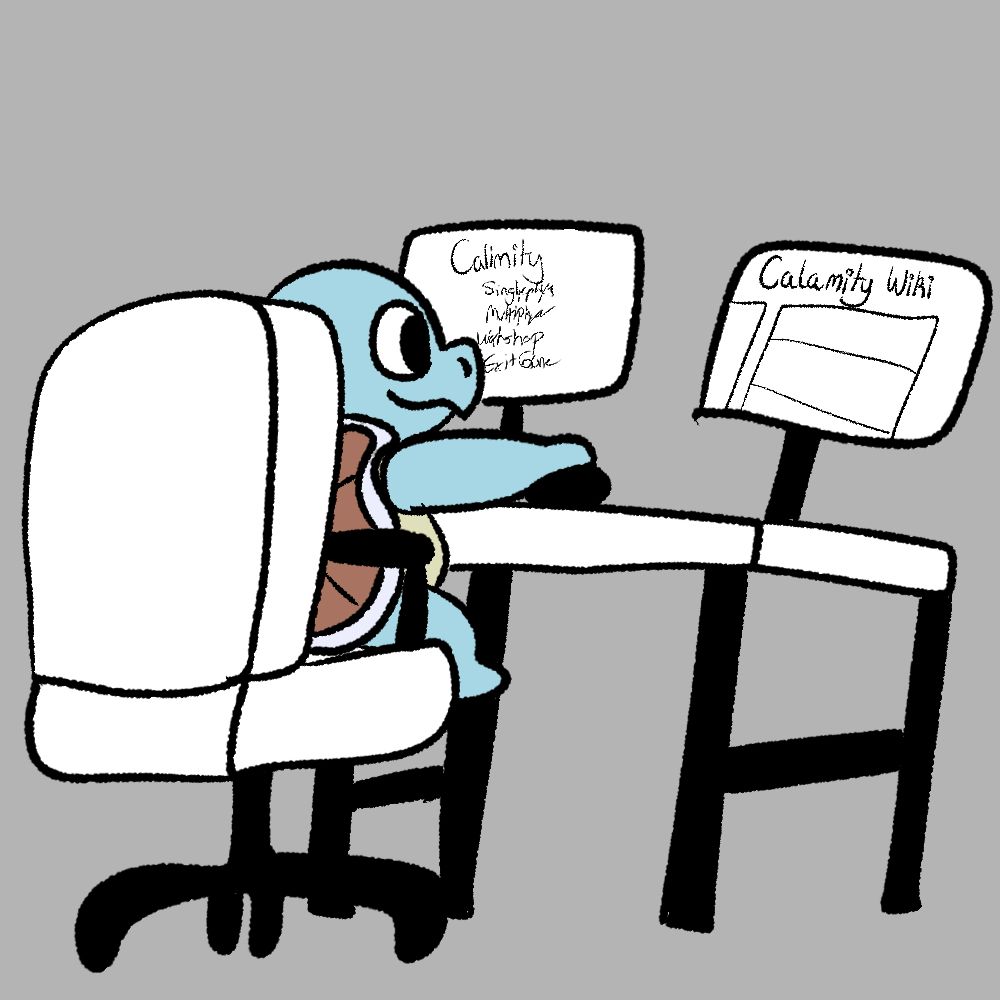 A Squirtle sitting on a swivel chair looking at a dual monitor setup. 1 monitor has TModLoader on it, the other has the Calamity Wiki pulled up