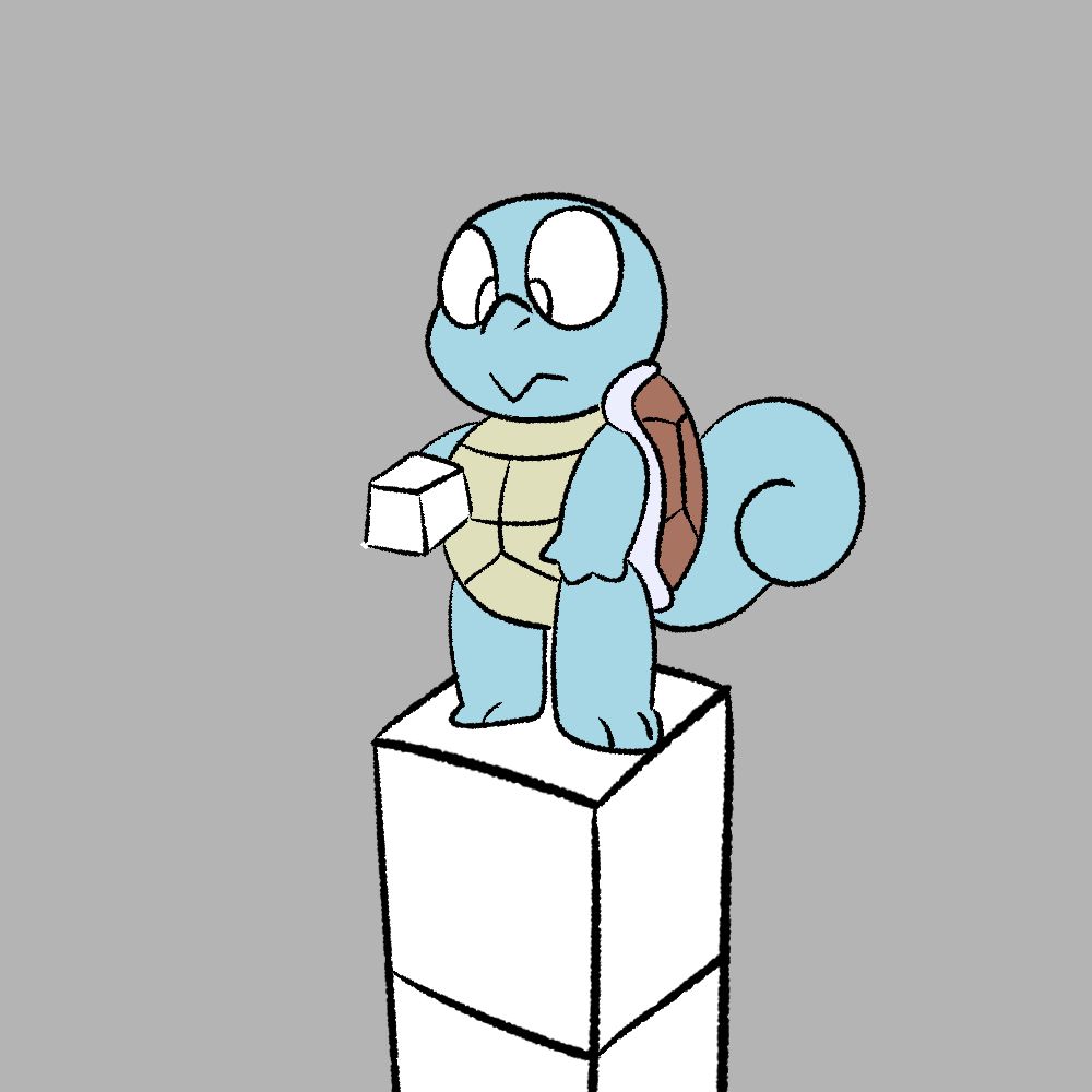 A Squirtle holding a block that is standing on a 1x1 tower using that block. He is stuck up there.