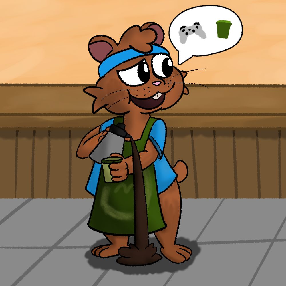 Beans in his apron, shirt, and headband. He is looking off screen to someone talking about videogames and coffee. He has an empty cup in one hand and a coffee pot in the other. He is pouring the coffee from the pot onto the floor instead of the cup because he isnt paying attention. 