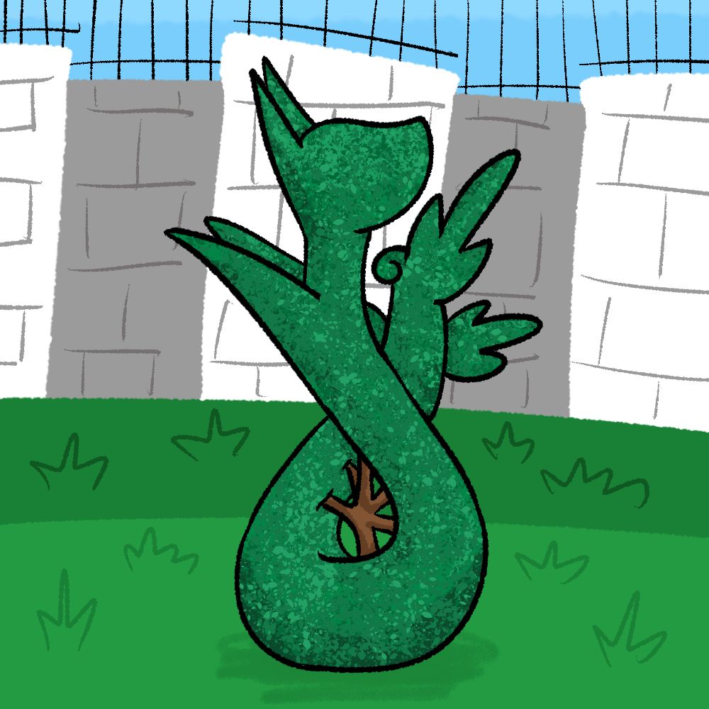 A Serperior shaped topiary stands inside of a fenced yard.