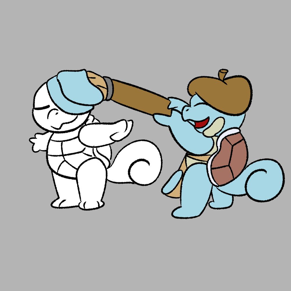 An artist squirtle with a giant paint brush painting over a white squirtle