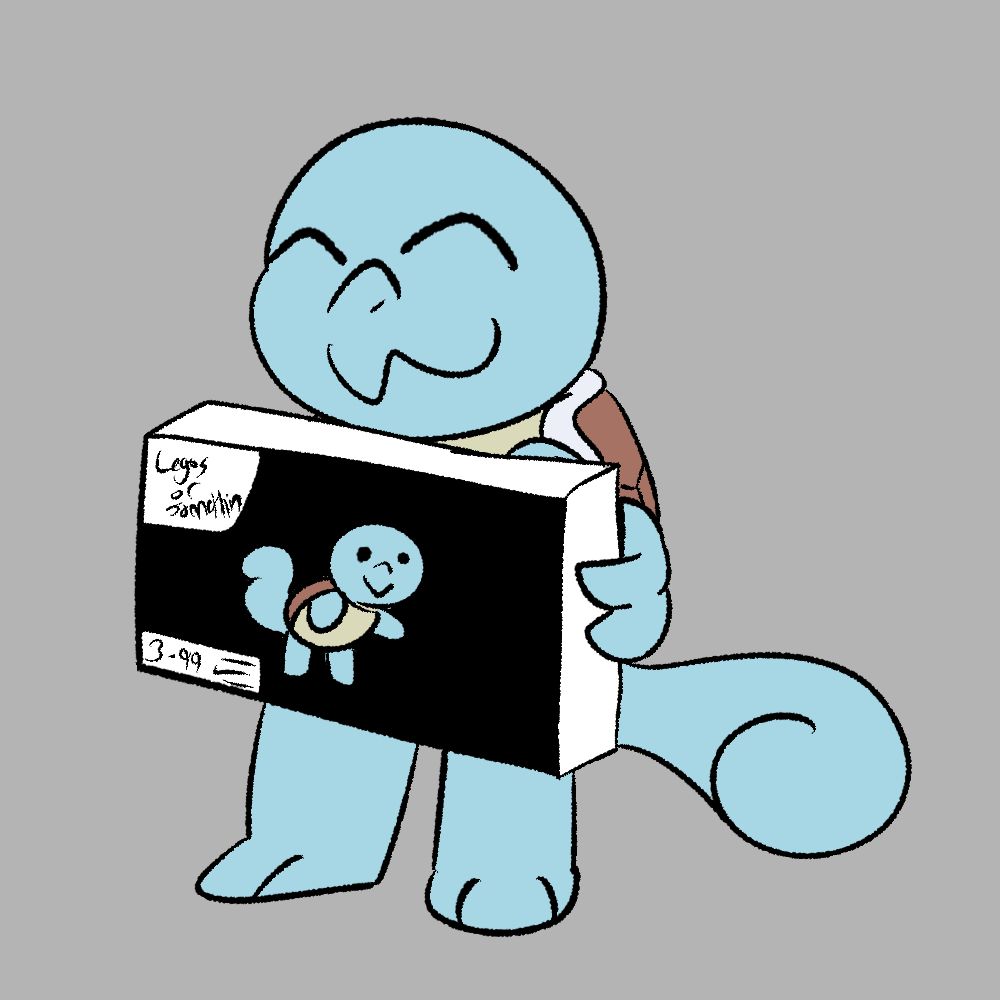 a happy looking squirtle holding a squirtle lego set