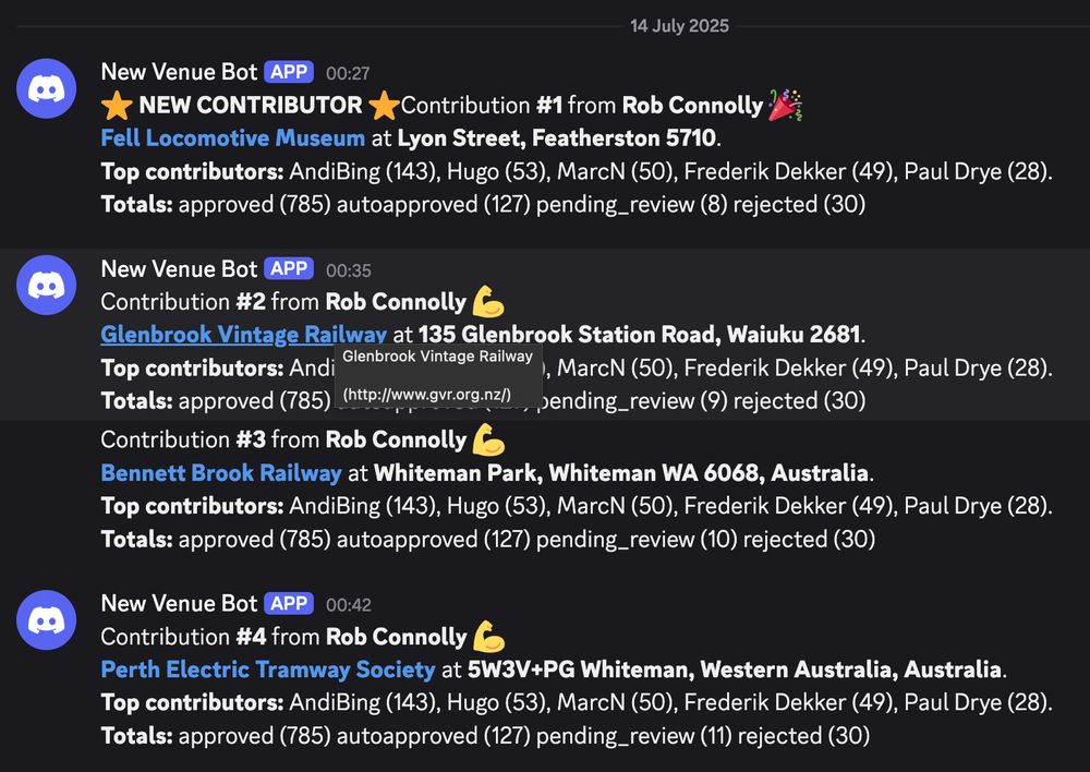 A screenshot from the "#new-venues" channel.
"⭐ NEW CONTRIBUTOR ⭐Contribution #1 from Rob Connolly 🎉
Fell Locomotive Museum at Lyon Street, Featherston 5710.
Top contributors: AndiBing (143), Hugo (53), MarcN (50), Frederik Dekker (49), Paul Drye (28).
Totals: approved (785) autoapproved (127) pending_review (8) rejected (30)"

"Contribution #2 from Rob Connolly 💪
Glenbrook Vintage Railway at 135 Glenbrook Station Road, Waiuku 2681.
Top contributors: AndiBing (143), Hugo (53), MarcN (50), Frederik Dekker (49), Paul Drye (28).
Totals: approved (785) autoapproved (127) pending_review (9) rejected (30)"

"Contribution #3 from Rob Connolly 💪
Bennett Brook Railway at Whiteman Park, Whiteman WA 6068, Australia.
Top contributors: AndiBing (143), Hugo (53), MarcN (50), Frederik Dekker (49), Paul Drye (28).
Totals: approved (785) autoapproved (127) pending_review (10) rejected (30)"

"Contribution #4 from Rob Connolly 💪
Perth Electric Tramway Society at 5W3V+PG Whiteman, Western Australia, Australia.
Top contributors: AndiBing (143), Hugo (53), MarcN (50), Frederik Dekker (49), Paul Drye (28).
Totals: approved (785) autoapproved (127) pending_review (11) rejected (30)"