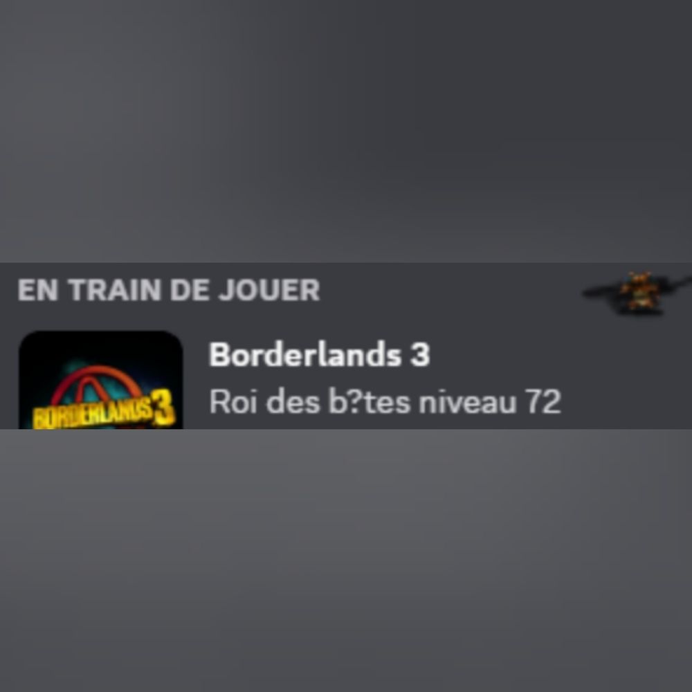 Capture d'écran de discord où mon grand jour à borderlands 3 le roi des bêtes mais le E accent est remplacé par un point d'interrogation qui fait comme une censure sur un mot plus graveleux 