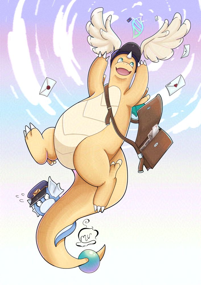 Mega Dragonite flying as a mail carrier with a frightened Dratini clinging to its tail. There are several letters flying through the sky, including one from the TCG.