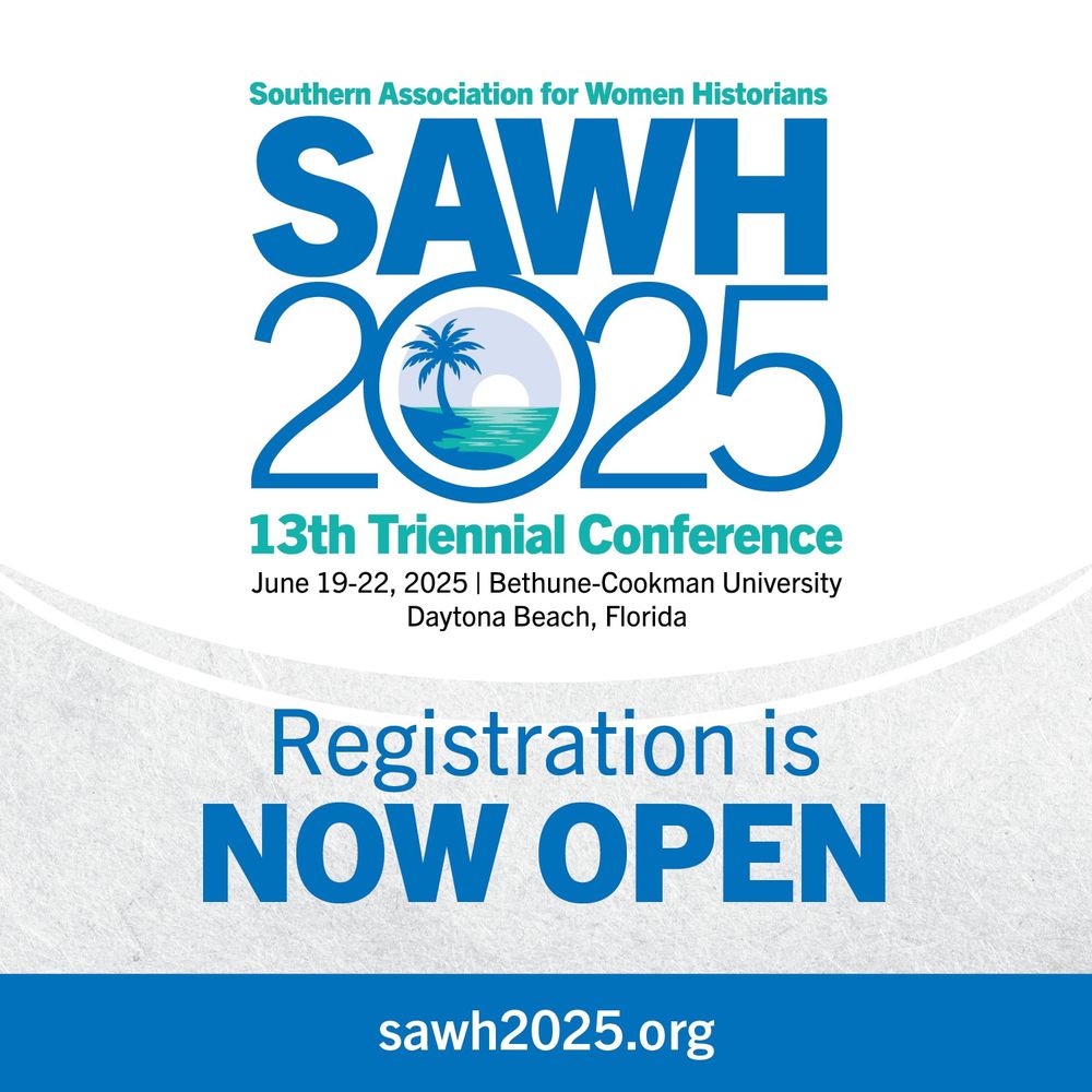 Flyer with beach scene of sunset under a palm tree to advertise registration for the SAWH 2025 Triennial Conference at Bethune-Cookman University in Daytona Beach, Florida, from June 19 to 22, 2025. The registration link is provided at sawh2025.org.