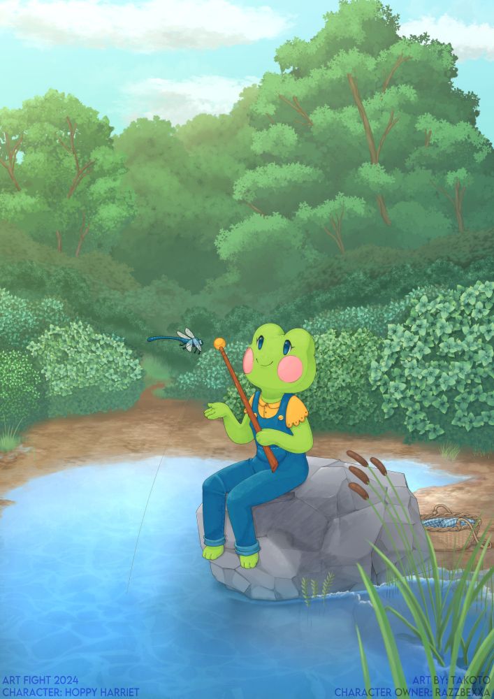 A digital illustration depicting an anthropomorphic frog character with blue eyes, pink cheeks, and green skin, wearing denim blue dungarees with a sunshine yellow blouse. She is sitting on a rock and holding a wooden fishing rod over a section of a still pond - though she is looking up and offering her hand out to a large blue dragonfly investigating her fishing rod. The background is a series of bushes leading towards deciduous trees, and a blue sky with three clouds.