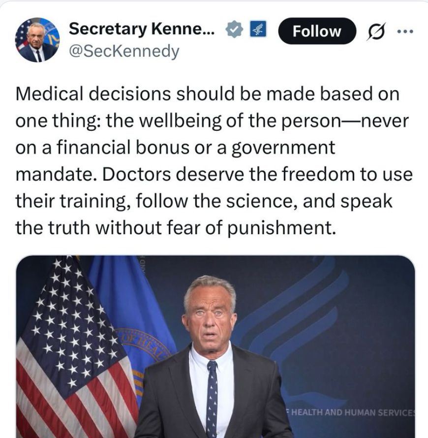 RFK Jr saying medical decisions should be based on the wellbeing of the person, not a government mandate