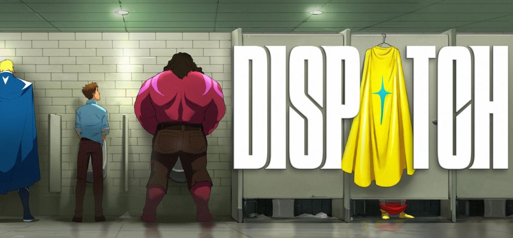 Promotional still for the video game "Dispatch" of the inside a public washroom with the lead character dressed in office casual at a urinal with a costumed superhero to each side. The game's title is printed over the closed doors of the toilet stalls, with a cape hanging over one door serving as the "A" in "DISPATCH".