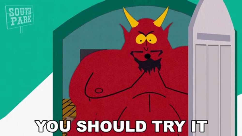 a cartoon of a devil with horns and the words you should try it