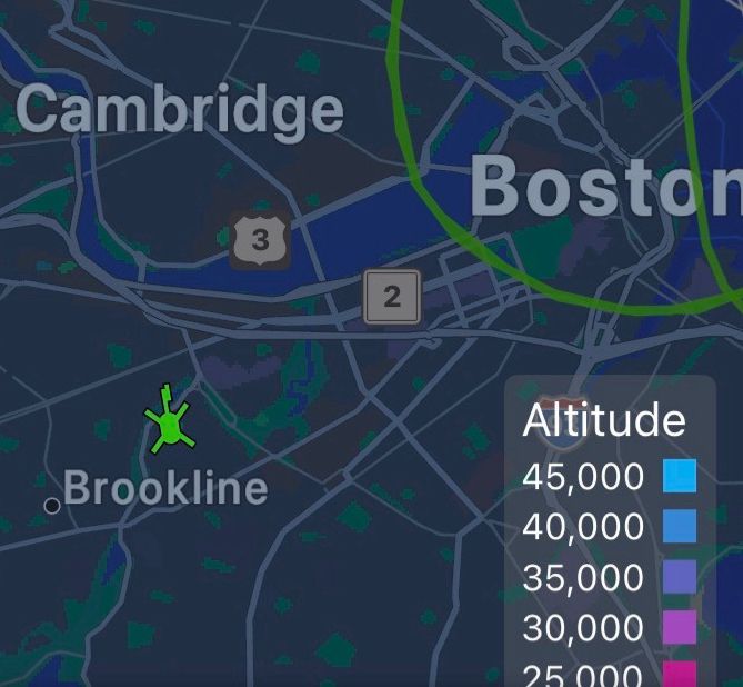 Flight radar of the Boston metro area zoomed in on Brookline where a giant turtle (really it’s probably just a boring old helicopter that’s sillouette resembles a turtle) is floating