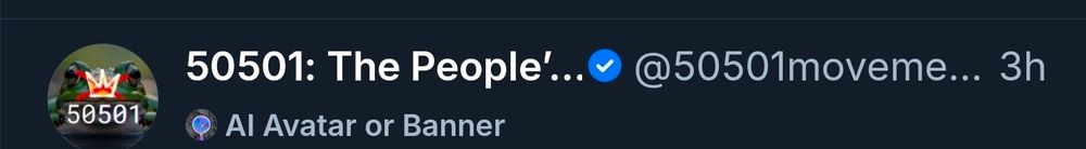 Display of 50501's account name with the tag "AI Avatar or Banner" underneath