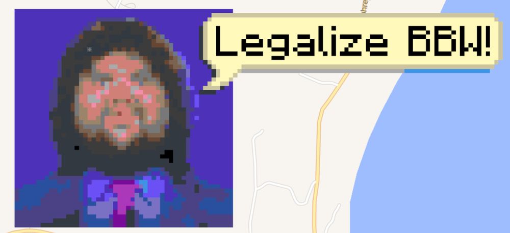 Portrait of massive JD Vance with hair, protesting to "Legalize BBW!" in WPlace