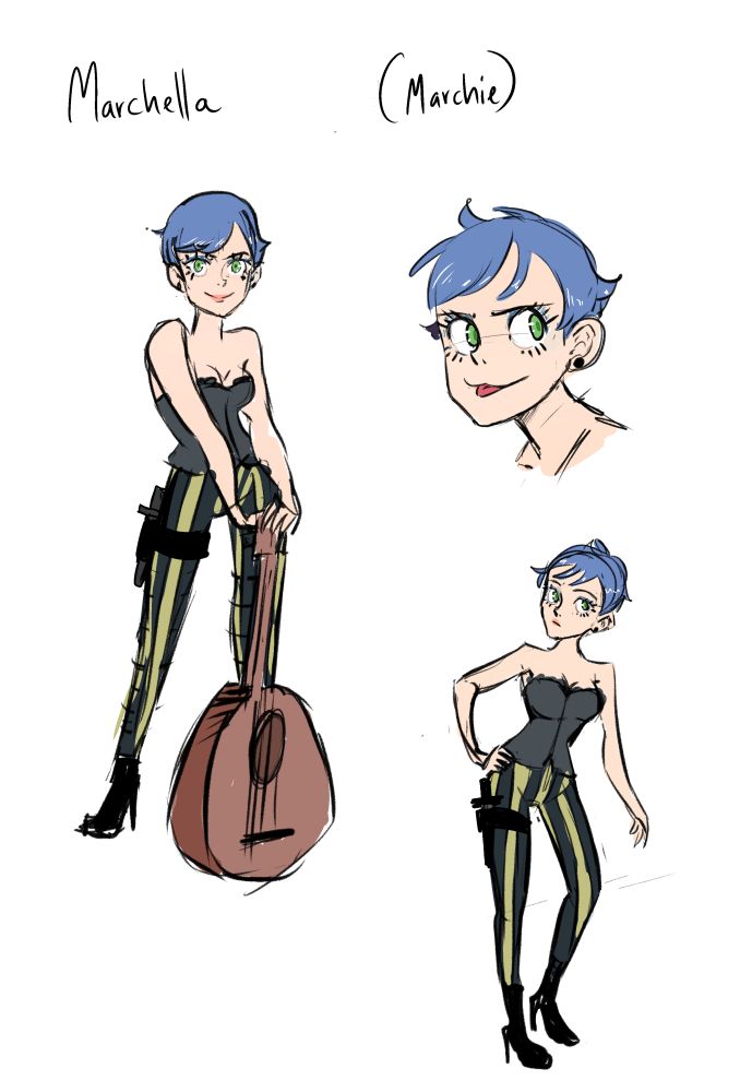 Blue haired skinny girl with an old fashioned guitar wearing tight revealing clothes and stilletos. 