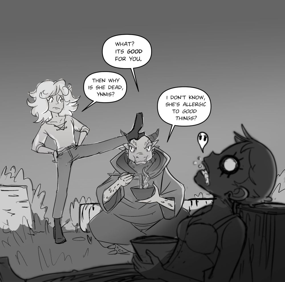 Amadeus puts his foot on top of the head of Ynnis the dragonborn while eating his soup in a disciplinary way while you see Marchella the rogue in the foreground frothing by her mouth. The dragon explains the soup is good for you and she's just allergic to good things.
