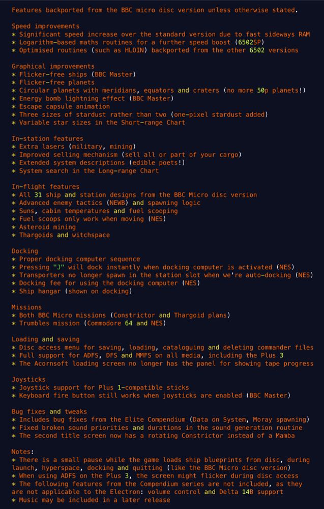 Feature list for the Compendium version of Acorn Electron Elite