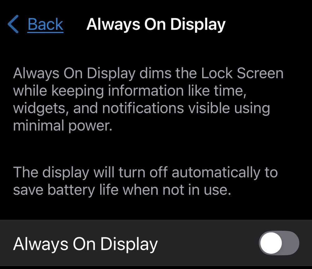 screen cap of iphone display settings. text:

< Back
Always On Display
Always On Display dims the Lock Screen while keeping information like time, widgets, and notifications visible using minimal power.
The display will turn off automatically to save battery life when not in use.
Always On Display