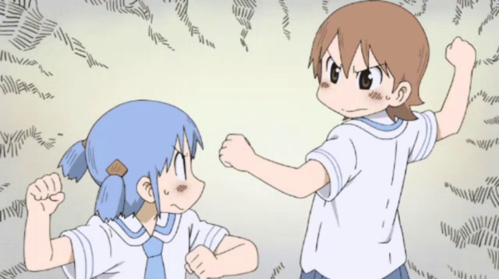 a cartoon drawing of two girls fighting with their arms outstretched