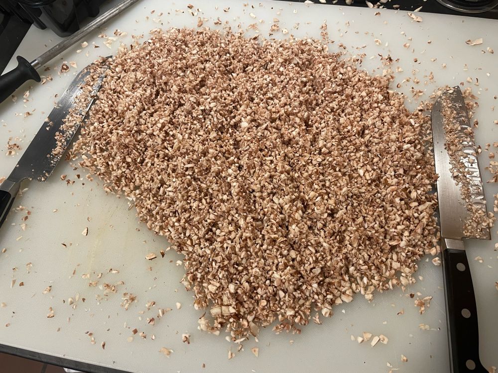 Mushroom duxelles for beef Wellington.