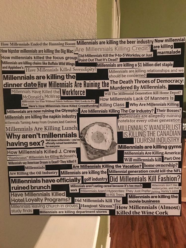 A collage of many headlines describing which industries the news orgs have decided millennials  are killing. In the center, avocado toast.