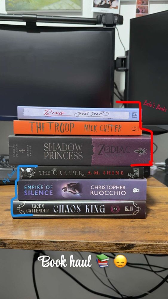 6 books - Ring by Koji Suzuki, The Troop by Nick Cutter, Shadow Princess by Caroline Peckham and Susanne Valenti, The Creeper by A.M. Shine, Empire of Silence by Christopher Ruocchio, and Chaos King by Kacen Callender.