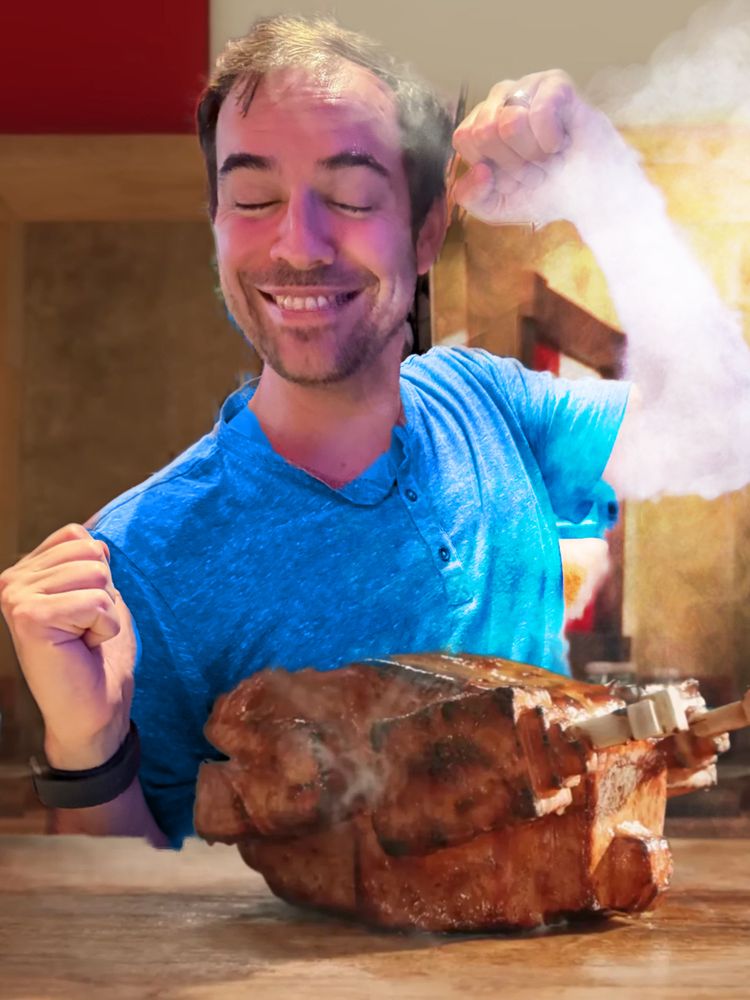 A picture of Jacksfilms in a blue shirt next to some Lava Chicken from A Minecraft Movie