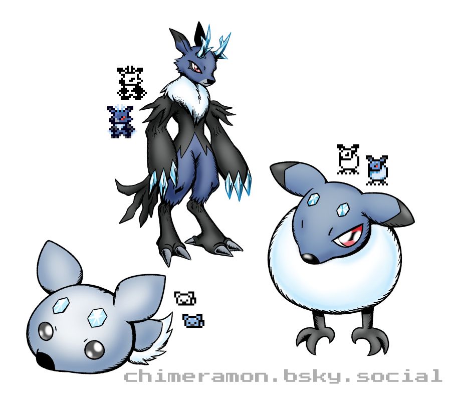 Digital drawings of three Digimon designs based on a cross between a crow and a stag, with an ice/snow theme.