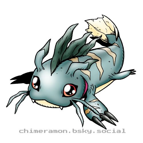 Digital drawing of a catfish-inspired Digimon design.