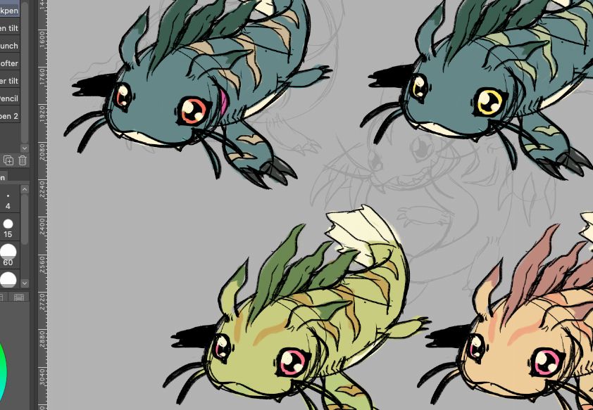 A screenshot of several concept drawings for a catfish-inspired Digimon design.