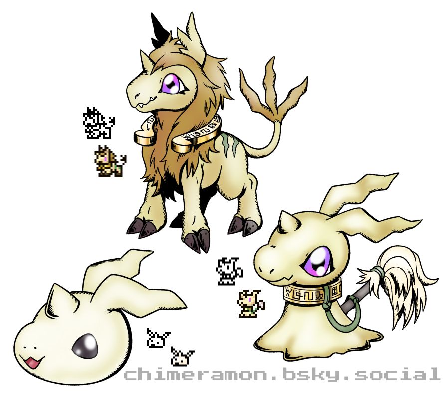 Digital drawings of three Digimon designs based on a unicorn.