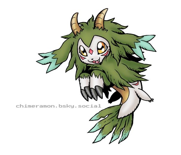 Digital drawing of a Digimon design inspired by a mer-goat.
