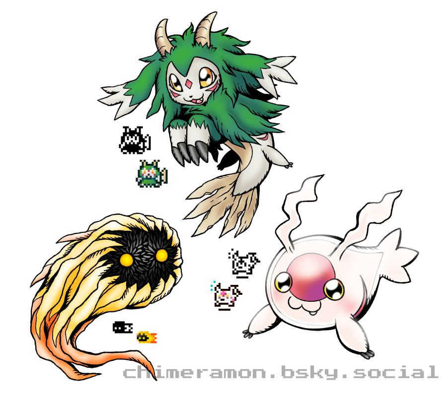 Digital drawings of three Digimon designs based on a comet, a baby fish, and a mer-goat.