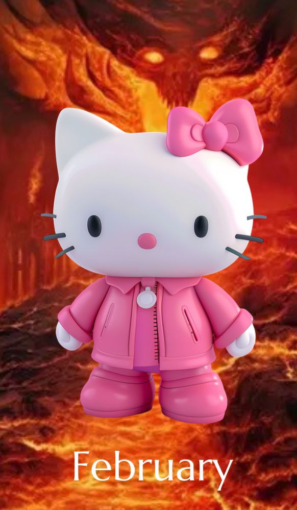 A 3D model of Hello Kitty in a pink jacket, shirt, pants, and boots. She’s standing before a fiery lava background with an evil dragon in the background. At the bottom, it reads “February” in plain white text. 
