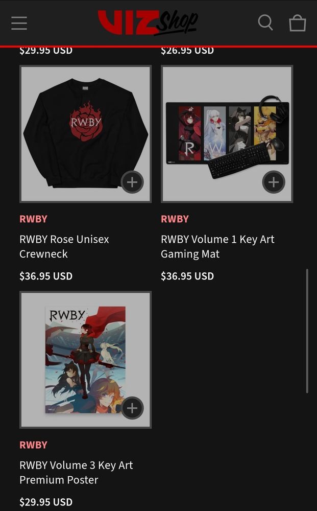 Screenshot of the viz media store featuring various items based on the show RWBY