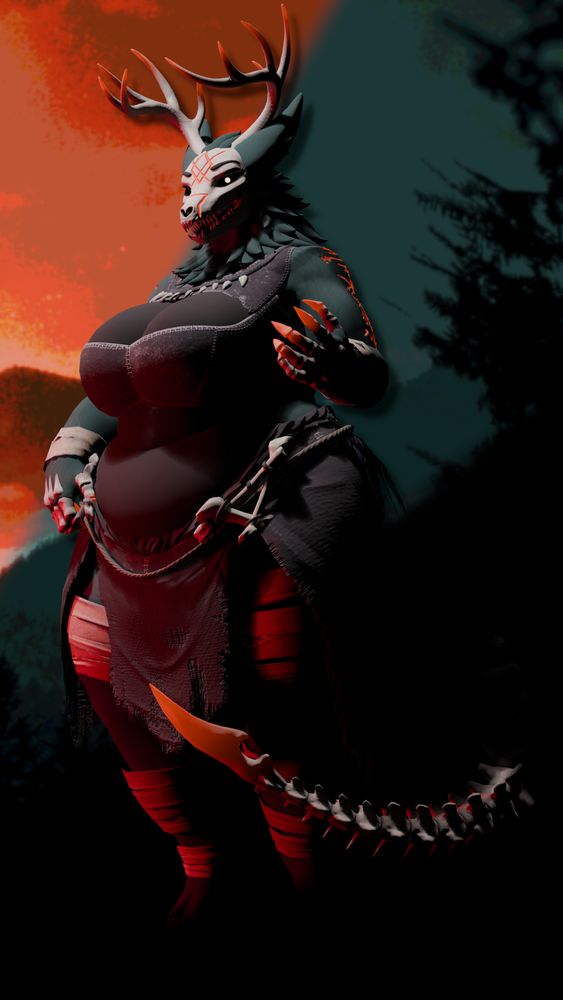 A tall, skinwalker / wendigo inspired character with a plump build stood with one hand on her skirt.