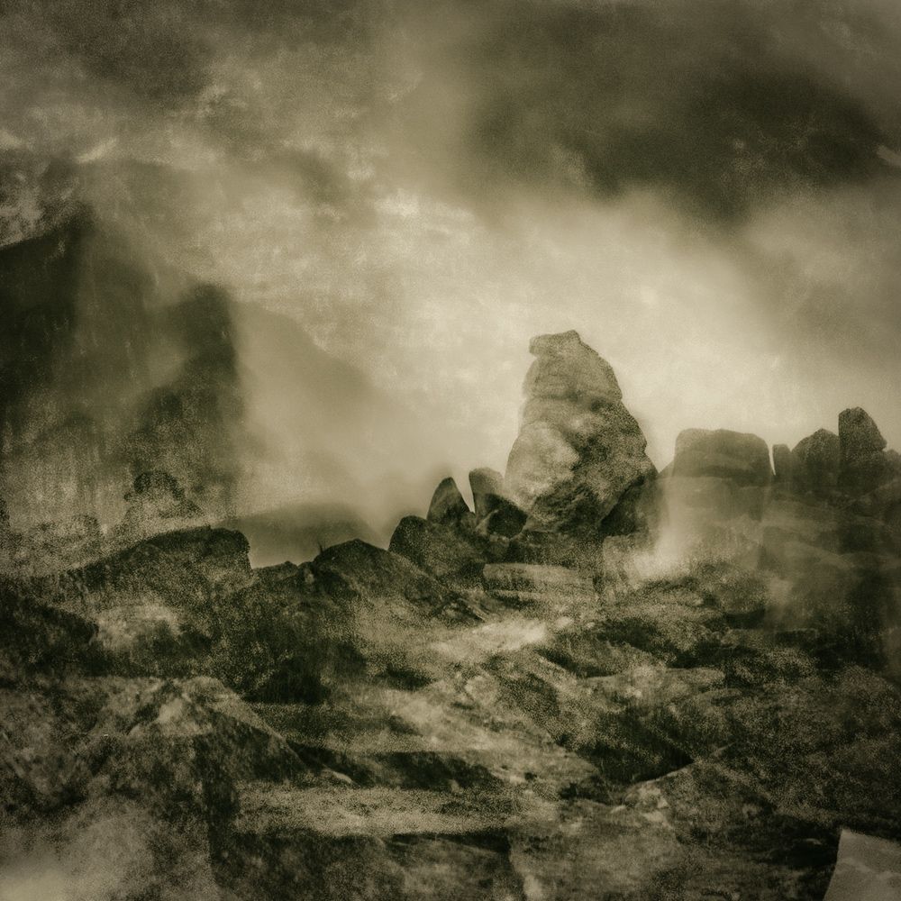 A sepia, mono, intentional camera movement image of a misty summit of Ingra Tor, Dartmoor