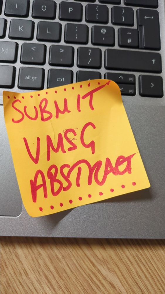 A photo of a laptop keyboard. On it is a yellow post it note with the words "Submit VMSG abstract" scrawled in red marker pen 