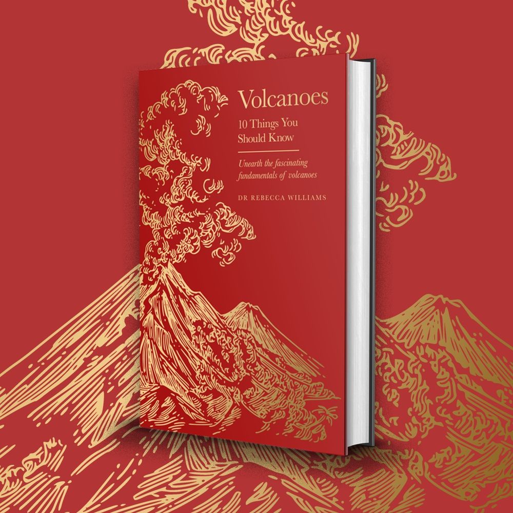 A graphic of a book. The cover is a deep red and had a good line illustration of an erupting volcano. 