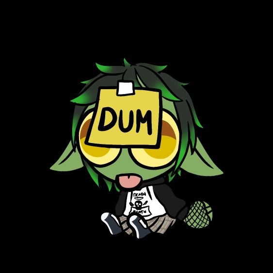 Image of a small goblin with a post-it not on her face that reads "dum"