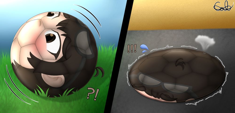 My sona character Calem transformed into an inanimate Soccer ball, eventually deflating as flat as a pancake from being kicked about so much.
