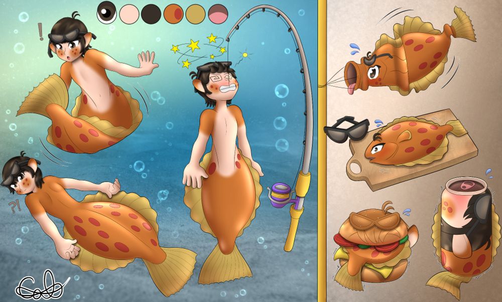 Transformation sheet of my sona character Calem transformed into a flounder merman fish, and then even further transformed into other inanimate objects such as a fish flag, hamburger and soda can.