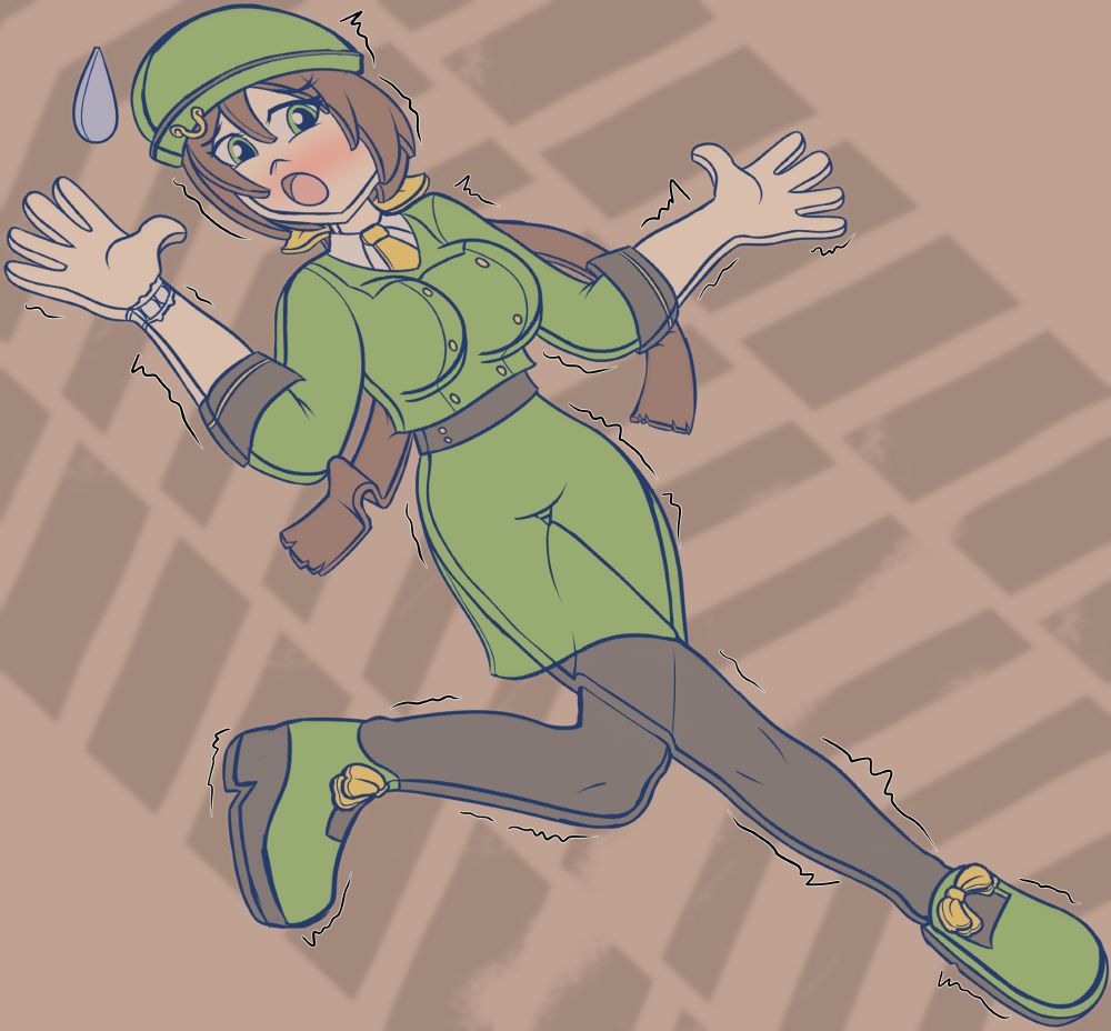 WIP sketch of a commission for Lanadoll, of Tazuna from Umamusume flattened down by a huge roller-like vehicle.