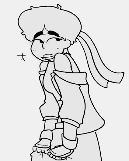 A doodle of Sakura Kasugano with her body facing in profile to the left while her head is turned towards the viewer, partially obscured by her left shoulder.  She is standing while clutching at the long skirt she’s wearing, laughing with a slight bit of nervousness, over what is unclear.