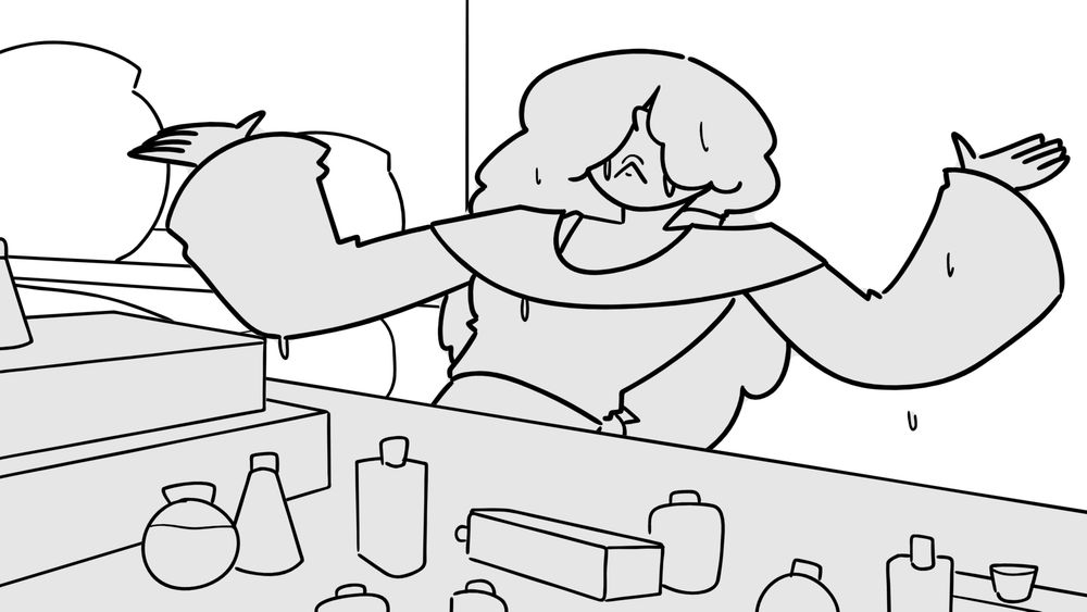 A storyboard panel of a young woman standing still, her clothes and hair drenched, causing most of her face to be covered up with a blank expression partially showing through.